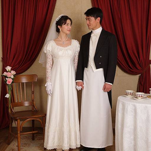 Photograph of a bride in a white lace dress and veil, and groom in black suit and white shirt, standing in front of red curtains with a