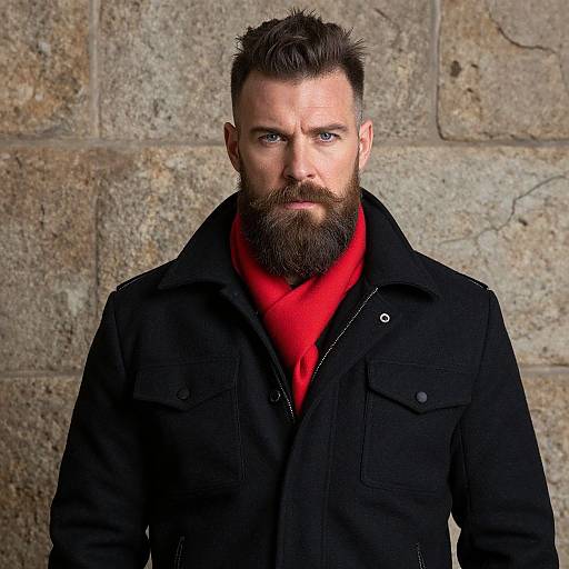 Photograph of a bearded, intense-looking man with dark hair, wearing a black jacket and red scarf, against a textured stone wall.