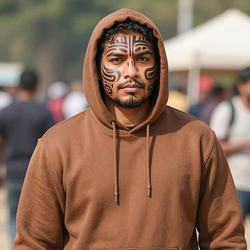 Man with Tribal Face Paint in Brown Hoodie