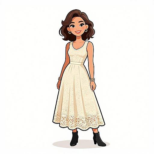 Digital illustration of a smiling woman with wavy brown hair, wearing a sleeveless, white lace dress, black ankle boots, and gold hoop earrings,