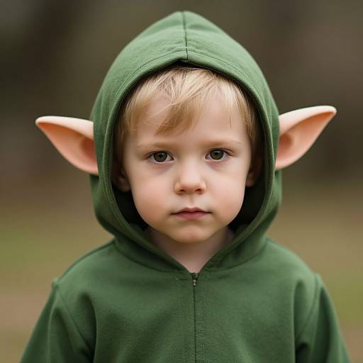 Photograph of a young Caucasian boy with fair skin, blonde hair, and blue eyes, wearing a green hooded sweatshirt with elf ears, standing