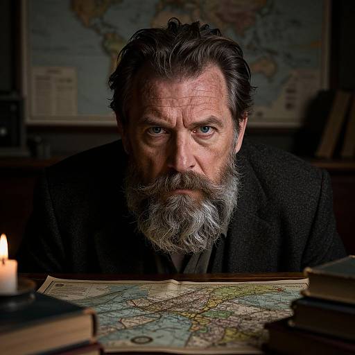 Photograph of a serious, middle-aged man with a gray beard and dark hair, intently studying a map illuminated by candlelight.