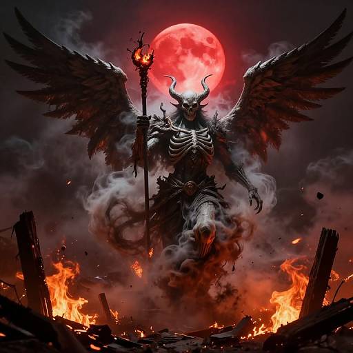 Digital art of a dark, winged demon with horns, holding a flaming staff, standing against a fiery red moon, amidst burning ruins.