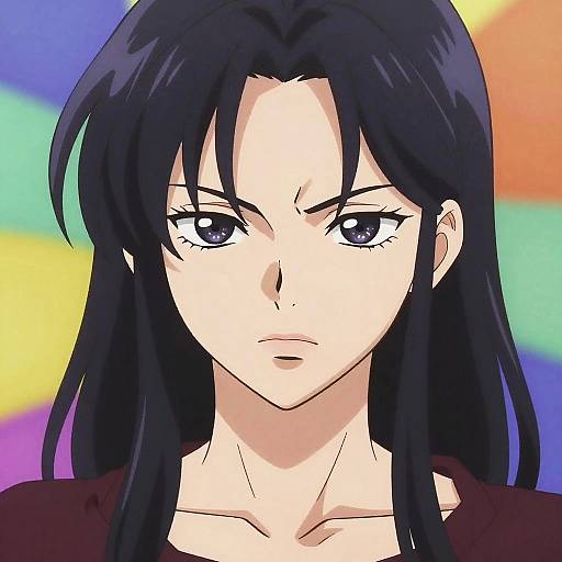 Digital anime-style portrait of a serious-looking young woman with long black hair, blue eyes, and pale skin, against a colorful gradient background.