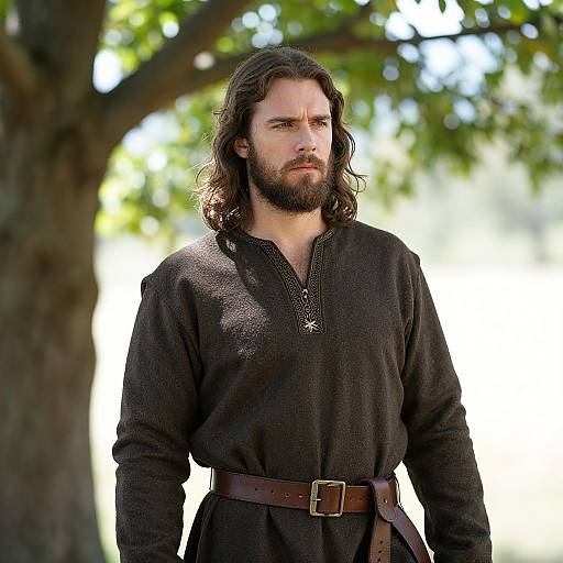 Photograph of a serious, bearded man with long brown hair wearing a black medieval-style tunic and brown belt, standing outdoors with a tree in