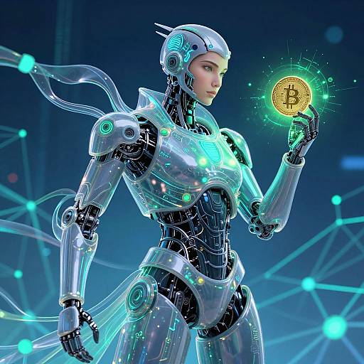 Futuristic Cyborg Holding Glowing Bitcoin