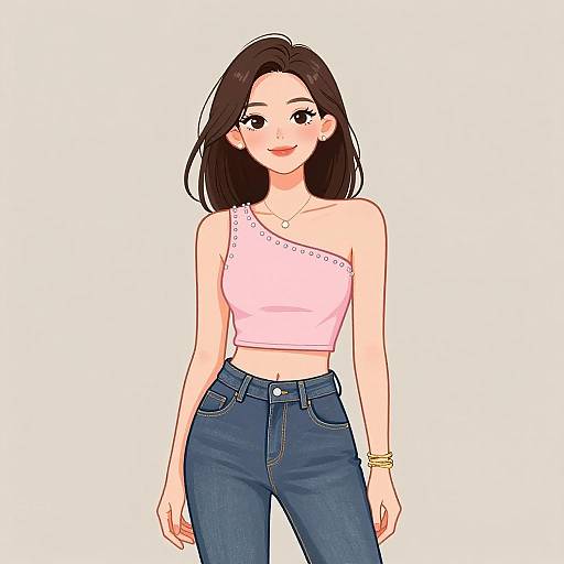 Digital anime-style drawing of a smiling young woman with fair skin, black hair, wearing a pink one-shoulder crop top and blue jeans, accessor