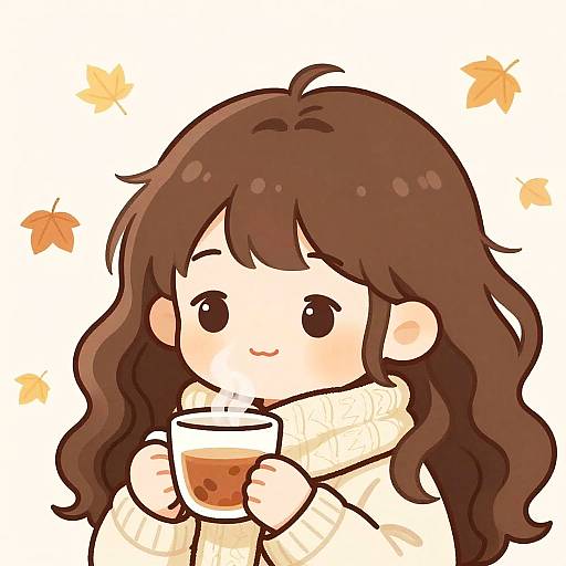 Cute anime-style drawing of a girl with brown wavy hair, holding a steaming cup of tea, wearing a cream turtleneck, surrounded