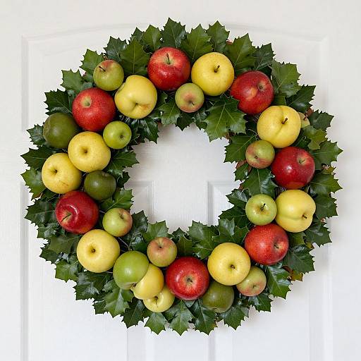 Photograph of a festive apple wreath, featuring red and yellow apples, green leaves, arranged in a circular pattern on a white background.