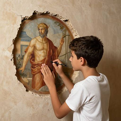 Young boy with short black hair, white t-shirt, painting biblical figure of bearded man in red robe on textured wall.