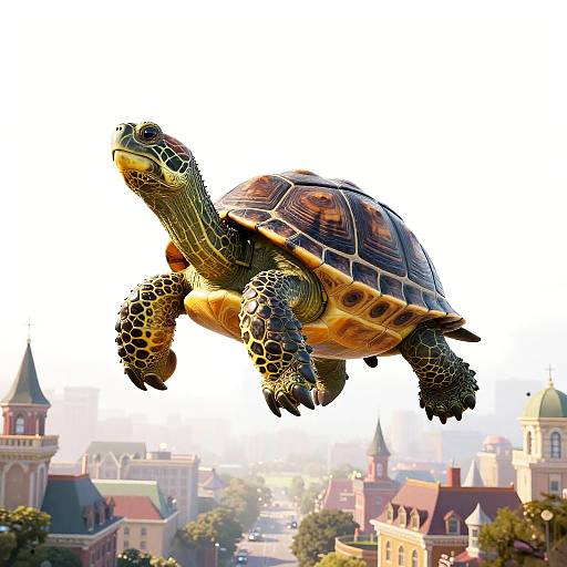 Photorealistic digital art of a large, detailed turtle flying above a whimsical, medieval castle town with colorful rooftops and towers.