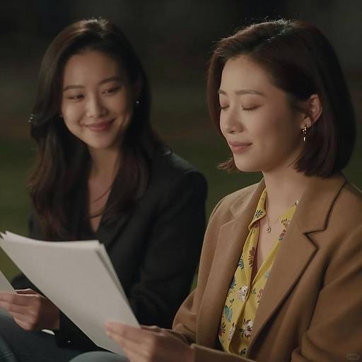 Two Women Reading Papers Outdoors at Night