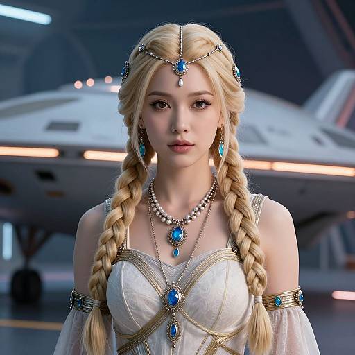 CGI image of a blonde woman with braided hair, wearing an ornate white dress with blue gemstones, standing in front of a futuristic spaceship