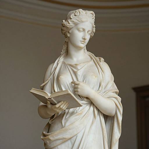 Photograph of a classical white marble statue of a serene woman with wavy hair, draped in a flowing robe, holding an open book, set against