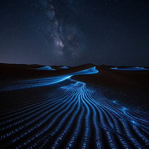 Photograph of a night desert with glowing, blue-lit dune ripples under a starry sky, featuring the Milky Way galaxy.