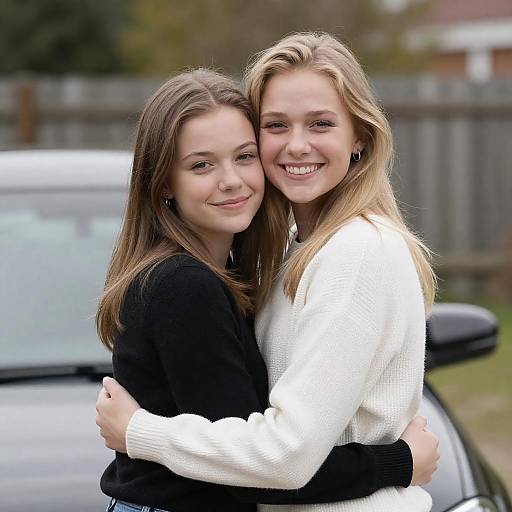 Two Young Women Hugging Outdoors