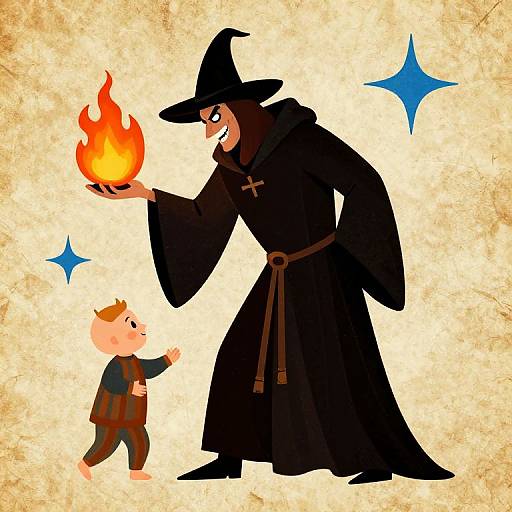 Digital illustration of a tall, black-robed witch with a witch hat, holding a flaming orb, interacting with a small, curious child in brown clothes