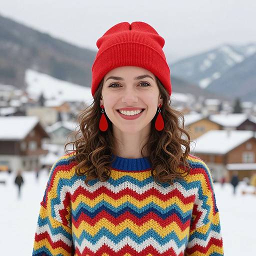Photograph of a smiling woman with curly brown hair, wearing a red beanie, red earrings, and colorful zigzag sweater, standing in a snowy
