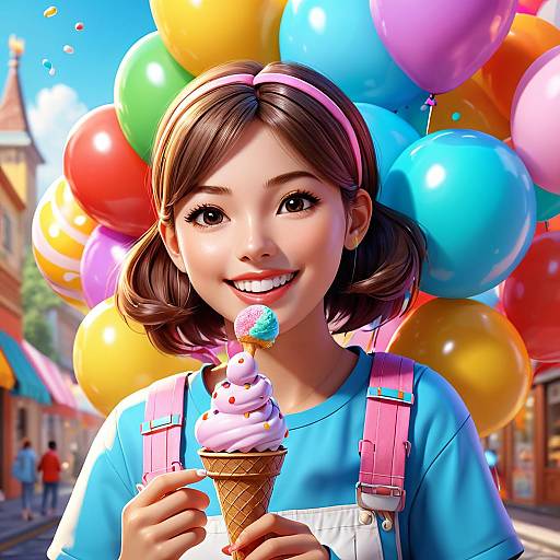 Happy Girl with Ice Cream and Balloons