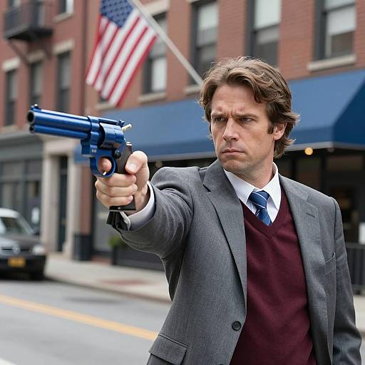 Determined Man with Revolver in Urban Setting