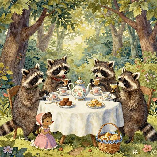 Mischievous Raccoon Tea Party Gouache