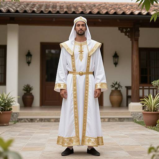 Photograph of a bearded man in white and gold traditional Middle Eastern robe, standing on a tiled patio, in front of a rustic wooden house with