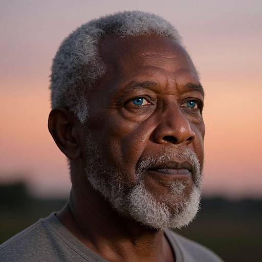 Photograph of a muscular, dark-skinned elderly man with short gray hair and beard, wearing a gray shirt, against a pink and purple sunset background