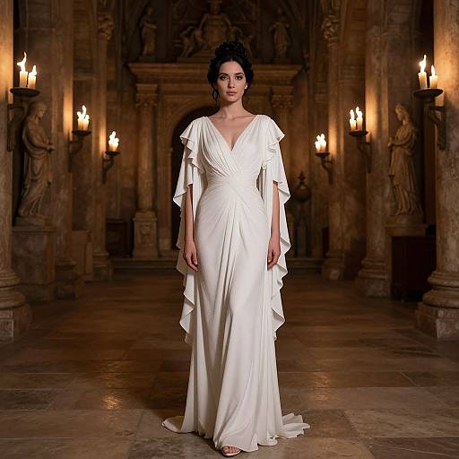 Photograph of a dark-haired woman in a white, layered, V-neck gown, standing in a dimly lit, candlelit stone cathedral.
