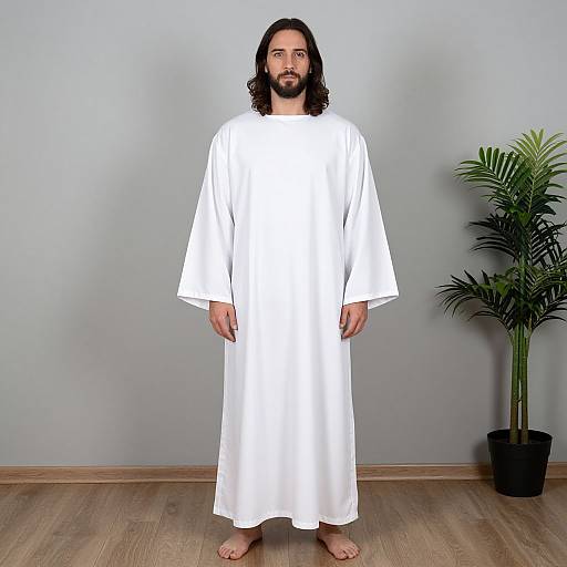 Photograph of a bearded man with long dark hair, wearing a plain white tunic, standing barefoot against a gray wall with a potted