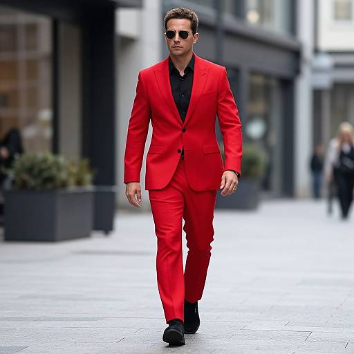 Photograph of a confident man in a bright red suit, black shirt, and sunglasses walking down a city street. Blurred background with modern buildings and