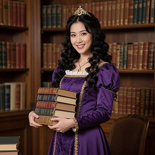 Photograph of an Asian woman with long curly black hair, wearing a purple dress, gold tiara, and holding books in a wooden library.