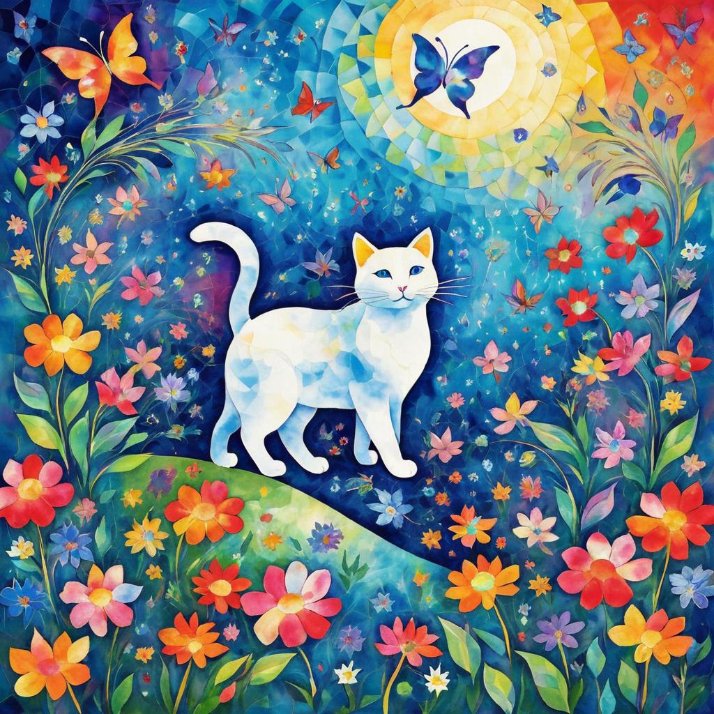 Mystical Cat and Butterflies in Chagall Style