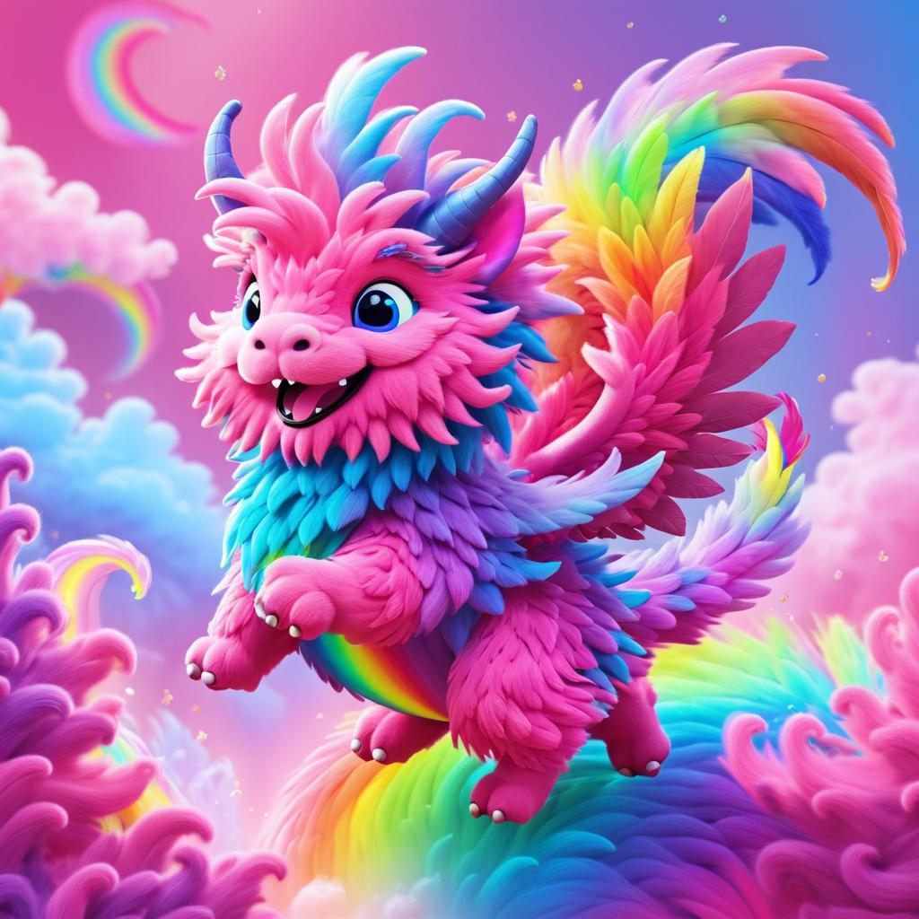 Whimsical Pink Dragon Dancing on Rainbows