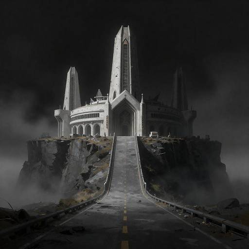 Digital art of a futuristic, white, towering, cathedral-like structure with two spires, illuminated at night, on a misty, rocky path.
