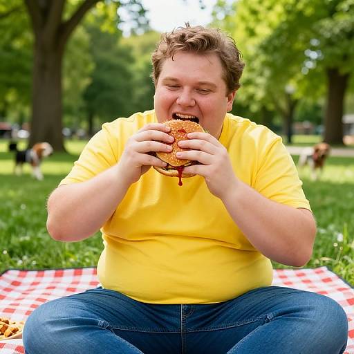 Photograph of a plus-sized man with short brown hair, wearing a yellow shirt and blue jeans, sitting cross-legged on a red-and-white checkered