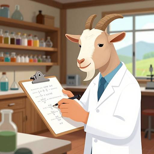 Goat Scientist in Rustic Laboratory