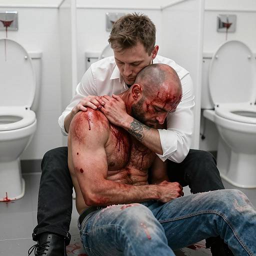 Man Comforting Injured Blood-Soaked Friend in Restroom