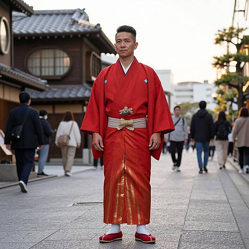 Photograph of an Asian man in traditional red kimono with gold accents, white socks, and red geta sandals, standing on a busy street with