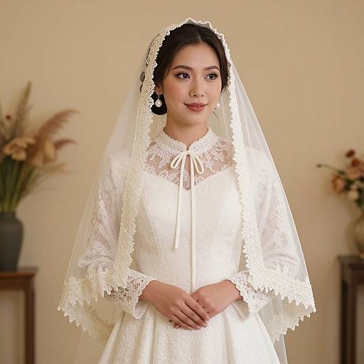 Photograph of an Asian bride with fair skin, wearing a white lace wedding dress and veil, standing in a softly lit room with floral decor in the