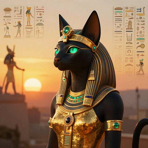 Digital artwork of an anthropomorphic black cat with glowing green eyes, wearing Egyptian gold jewelry, set against a sunset with hieroglyphs and a sil