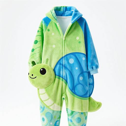 Photograph of a vibrant green and blue children's bathrobe featuring a cute, smiling sea turtle hood with polka dots.