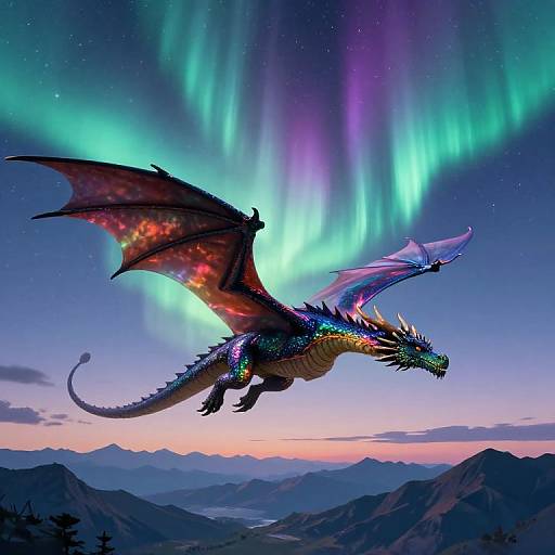 Vibrant digital painting of a multicolored dragon soaring through a night sky with vibrant auroras, over a mountainous landscape.