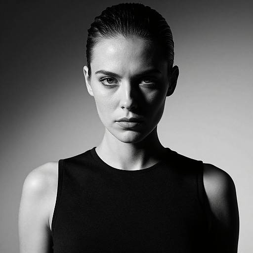 Black-and-white photograph of a serious, fair-skinned woman with slicked-back hair, wearing a sleeveless black top, illuminated from the front.