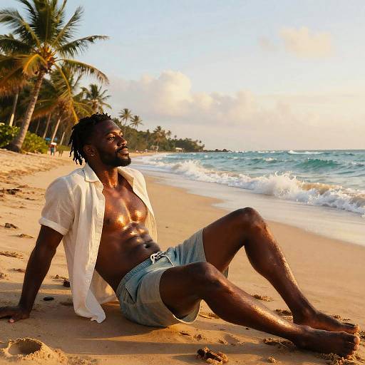 Photograph of a muscular, dark-skinned man with dreadlocks, shirt open, blue shorts, sitting on a sunny, palm-tree-lined beach,