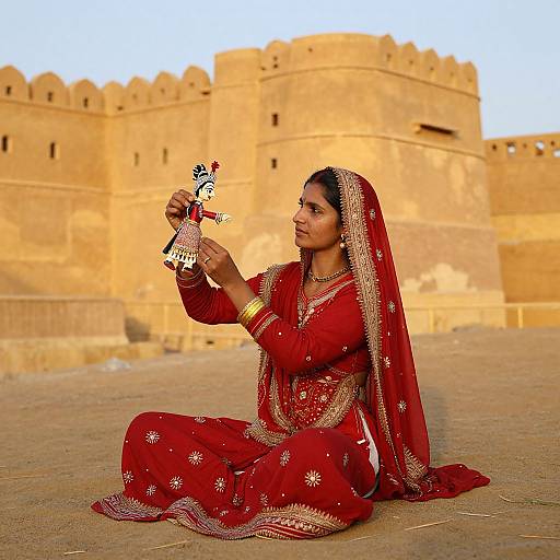 Photograph of a South Asian woman in a red, gold-embroidered saree, sitting on the ground, holding a colorful puppet, with