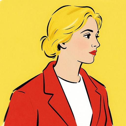 Digital pop art drawing of a blonde woman with red lips, wearing a red jacket over a white shirt, against a bright yellow background.