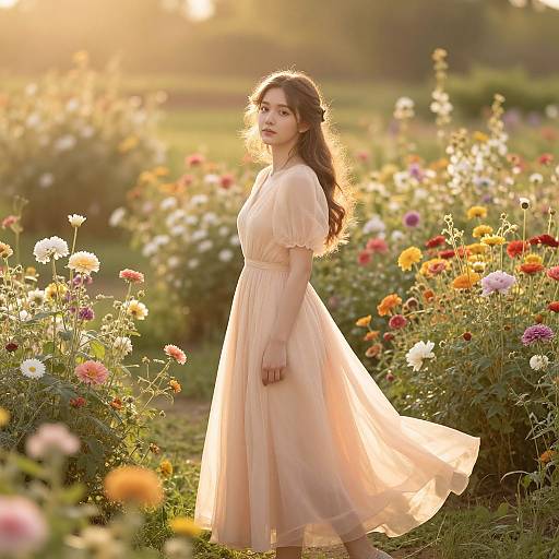 Photograph of a young woman with long brown hair in a flowing, pale pink dress standing in a sunlit, colorful flower garden.