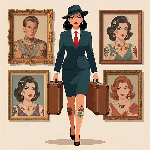 Confident businesswoman with vintage tattoo portraits