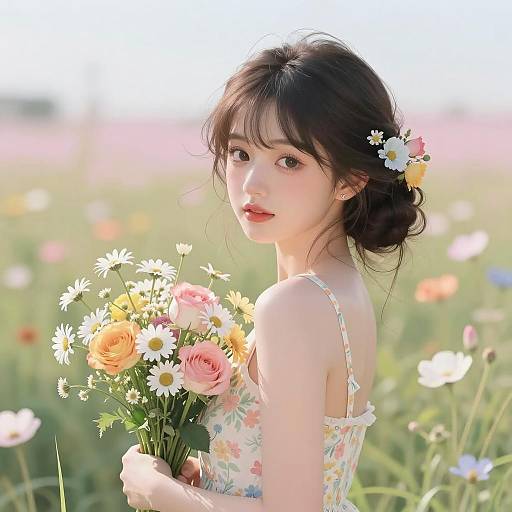 Floral Fantasy: Young Woman in Pastel Field
