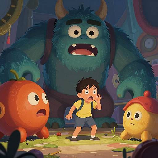 Digital cartoon: Scared boy in yellow shirt and blue shorts faces giant blue monster with horns, flanked by two alarmed orange round creatures, in a